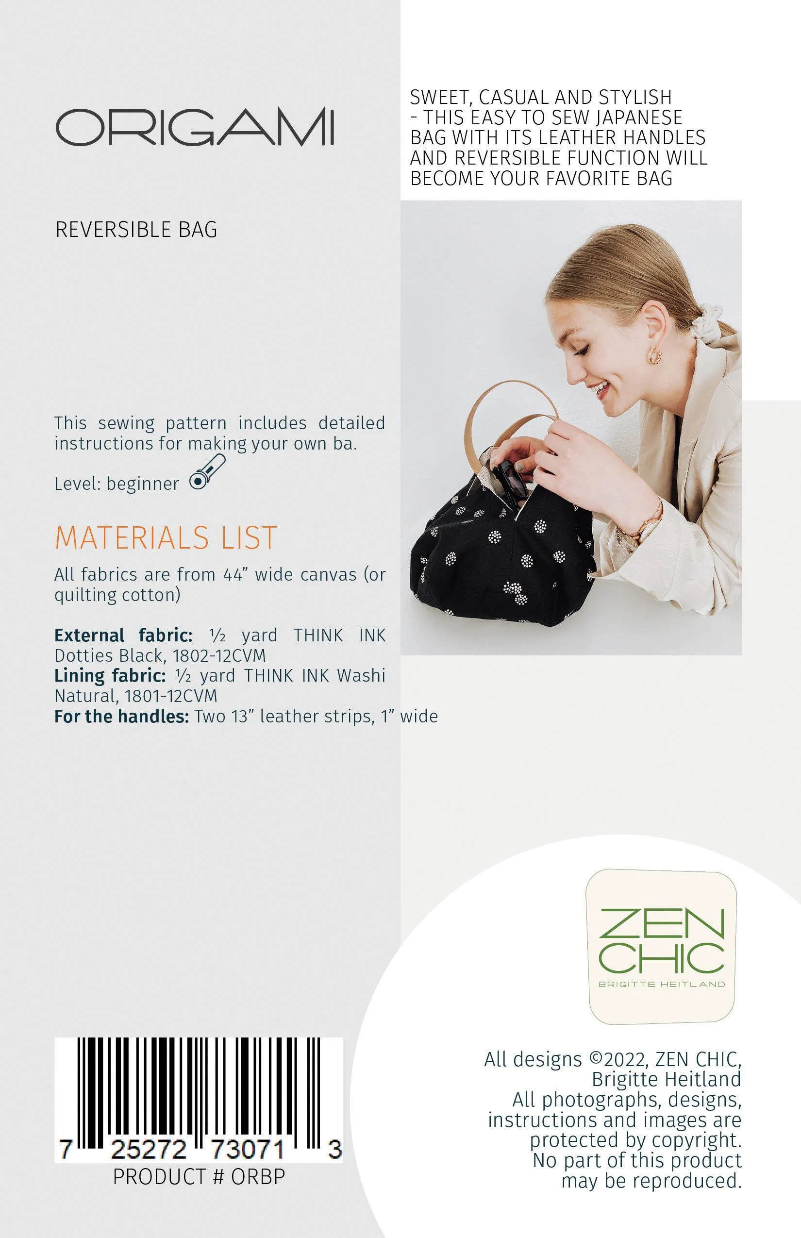 Reversible Origami Bag, Sewing Pattern by Brigitte Heitland of Zen